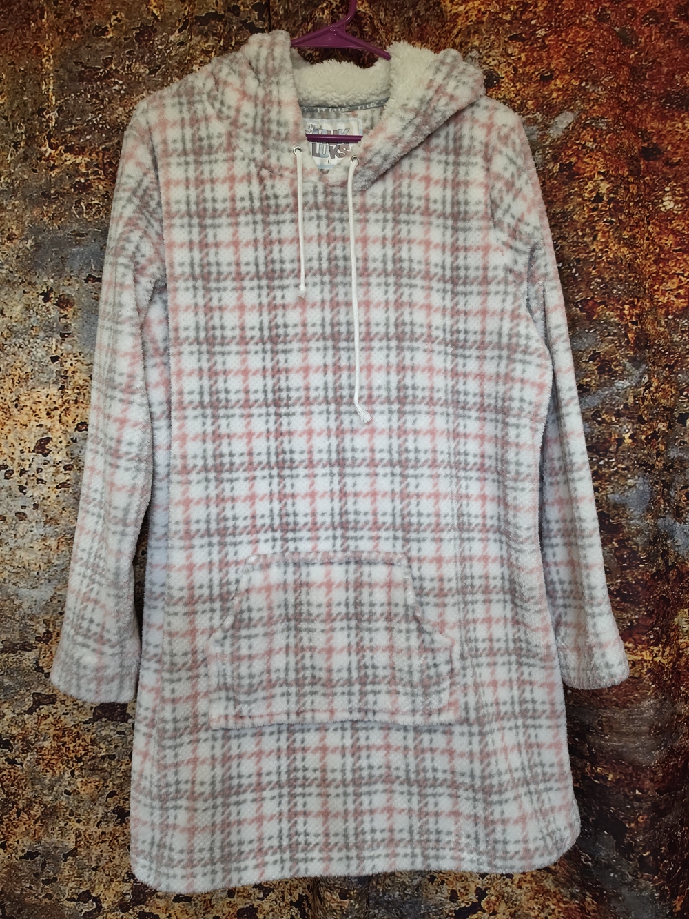 Muk Luks Pink and Gray Plaid Sherpa-Lined Hooded Nightshirt